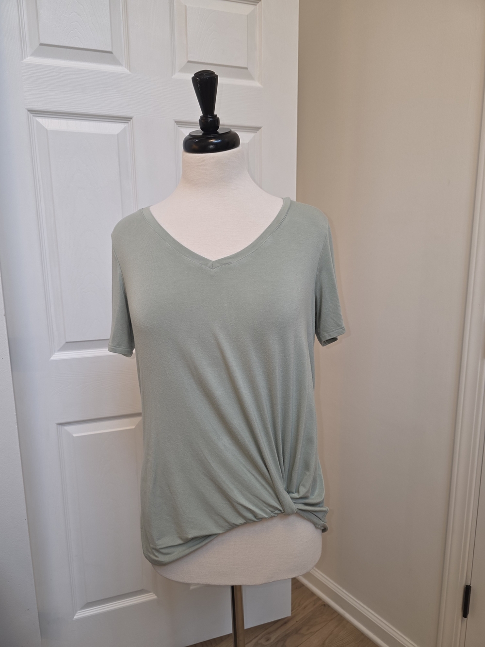 Matty M Sage Green V-Neck Short Sleeve Twist Hem Tee